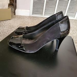 Reba Black Suede/Patent Leather Pumps